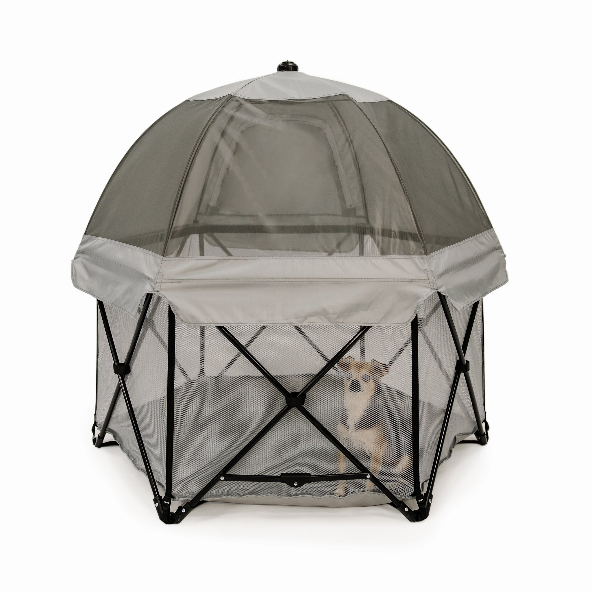 Pet pen with mesh sides and a canopy, featuring a dog inside on a white background