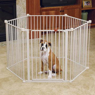 The Carlson Convertible Pet Yard is a versatile, chew-proof pet enclosure with all-steel construction. It features adjustable hinged posts, expanding from 52” to 146.5” wide. Standing 28” tall, it includes a walk-through door with a slide handle, offering a flexible and secure space for pets at home.