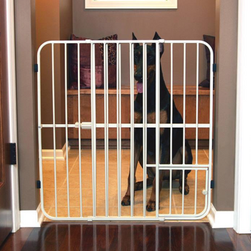 Dog sitting behind a white metal gate in a home setting