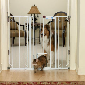 Carlson Extra Wide Walk-Thru Pet Gate with Small Pet Door in white, featuring a durable steel frame, easy walk-through door, and pressure-mount system for simple installation and secure pet containment.