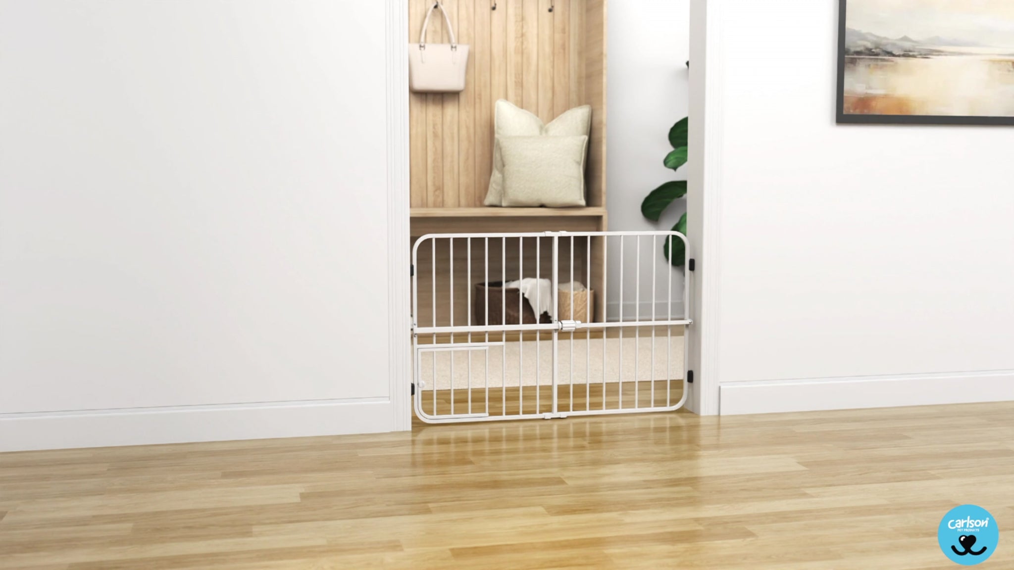 The Carlson Big Tuffy® Expandable Pet Gate in white is a sturdy, 32" tall steel gate designed to fit openings from 22" to 38". It features a pressure-mount system for quick, tool-free installation, rubber bumpers to protect walls, and a patented small pet door for easy access, making it perfect for small to large pets.