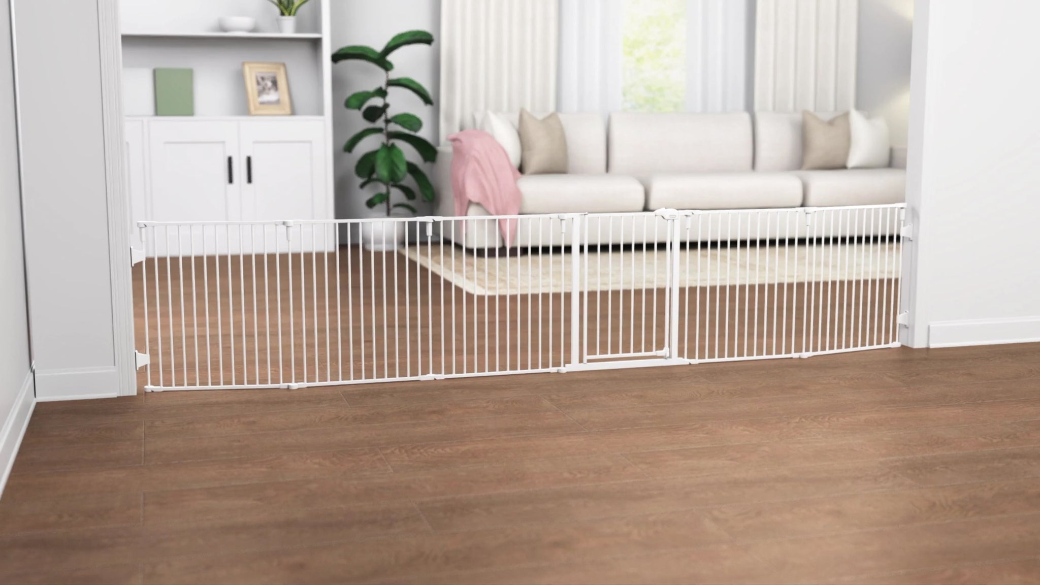 The Carlson Convertible Pet Yard is a versatile, chew-proof pet enclosure with all-steel construction. It features adjustable hinged posts, expanding from 52” to 146.5” wide. Standing 28” tall, it includes a walk-through door with a slide handle, offering a flexible and secure space for pets at home. 