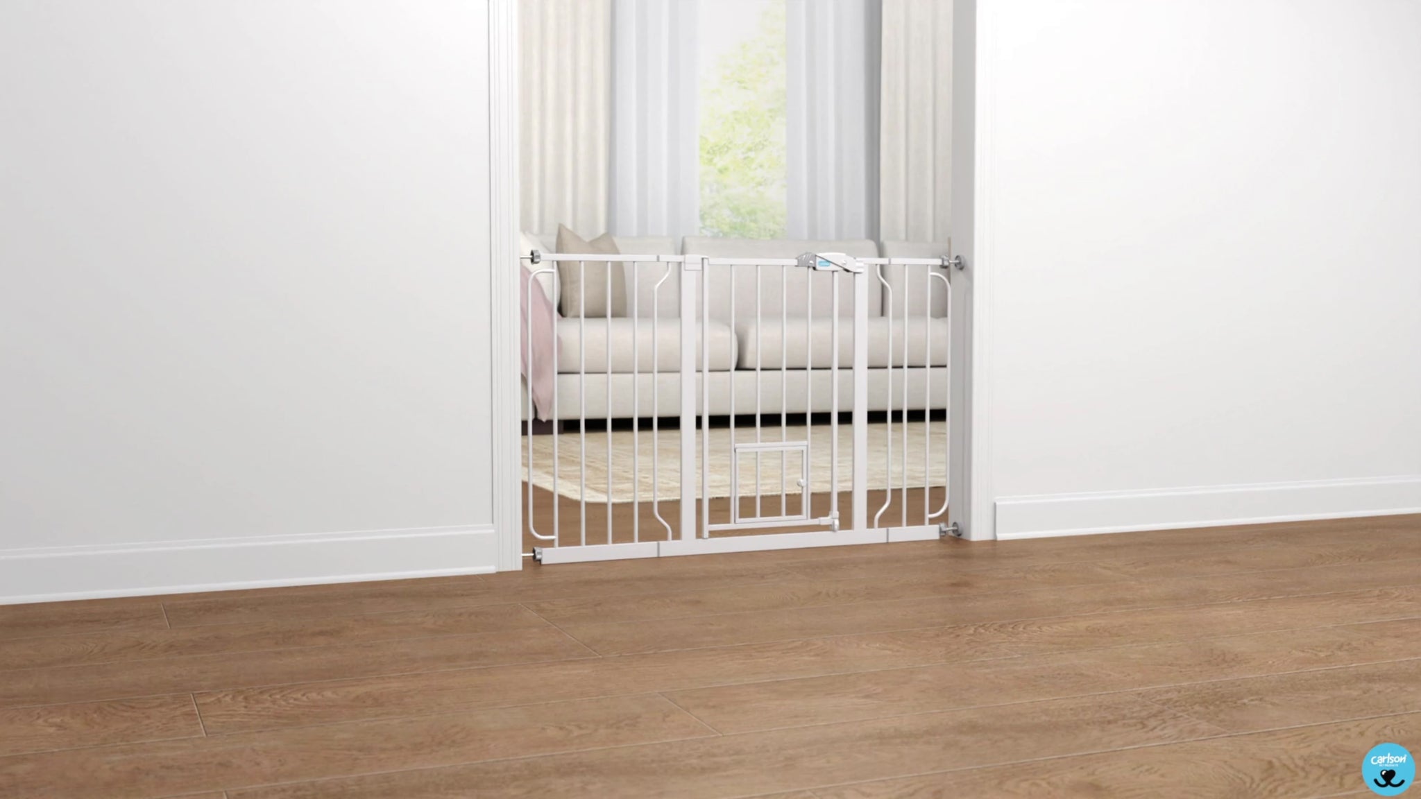 The Carlson 51" Extra Wide Walk-Thru Pet Gate in clean white features a durable all-steel frame, a patented small pet door for easy access, and a convenient lift-style handle. It includes 6" and 12" extensions for wider openings and offers simple pressure-mount installation with optional hardware mounting. Ideal for pets and homes.