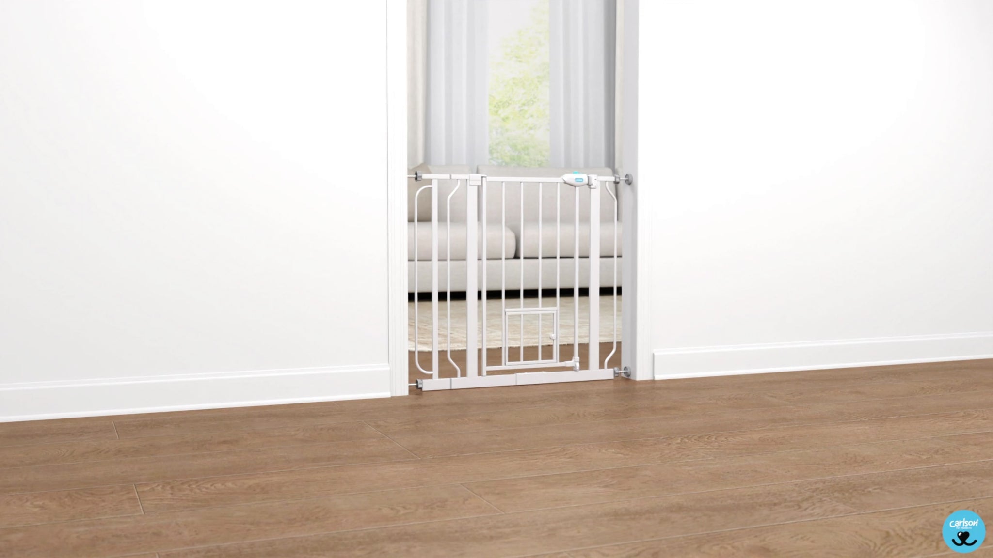 Carlson Extra Wide Walk-Thru Pet Gate with Small Pet Door in white, featuring a durable steel frame, easy walk-through door, and pressure-mount system for simple installation and secure pet containment.